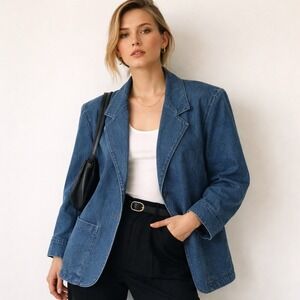 Vintage 90s Denim Blazer Blue Oversized Power Shoulder Structured Jacket S